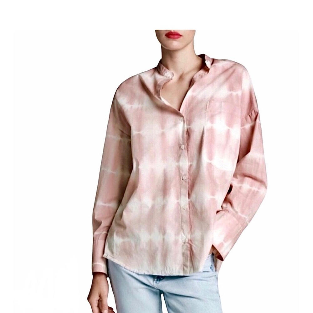 Zara Tie Dye Button Down Shirt Womens XS Pink Boho Relaxed Frayed Hem‎ Cotton